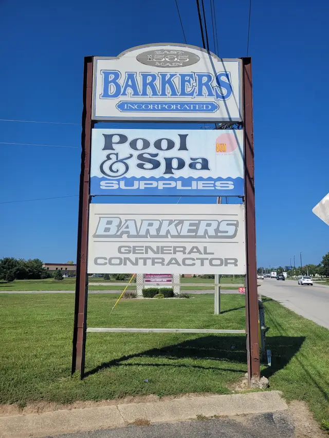 Barkers Incorporated pylon sign at East 1565 Main, with Pool and Spa Supplies and General Contractor panels